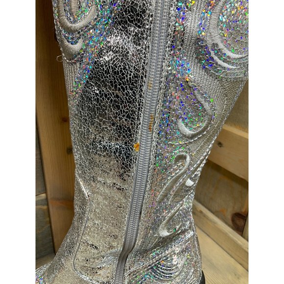 US9 Silver Sequin Faux Leather Party Western Boots NEW with minor marks - Picture 6 of 10